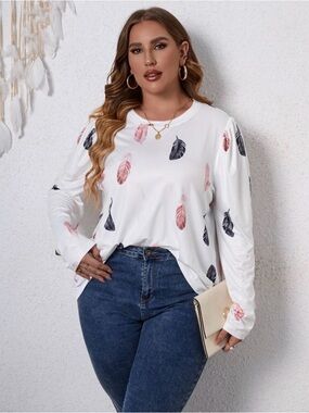 EUC SHEIN Plus Feather Print Puff Sleeve Tee - 0XL (12)